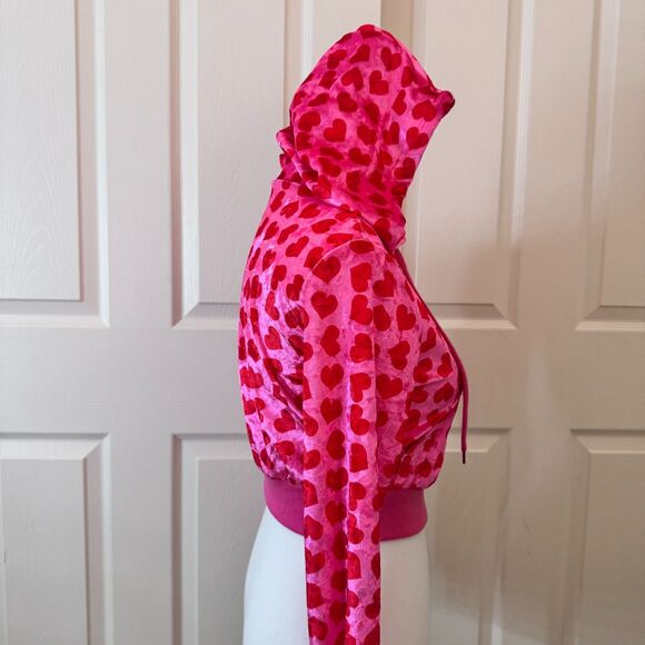 Cropped Velour Zip Up Heart Hoodie Pink & Red – XS - Picture 5 of 5